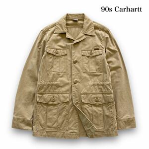 【carhartt】90s カーハート ハンティングワークジャケット 革ロゴ カバーオール ブルゾン 90年代 古着 CARHARTT オープンカラー (M)