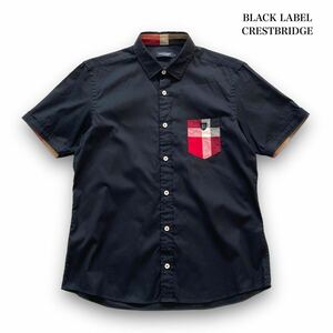 【BLACK LABEL CRESTBRIDGE】ブラックレーベルクレストブリッジ CBチェック 半袖シャツ ボタンダウンシャツ 刺繍ロゴ 黒 ブラック 三陽商会