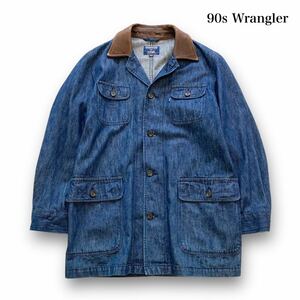 【Wrangler】90s ラングラー デニムカバーオールジャケット デニムジャケット 90年代 ヴィンテージ古着 襟レザー 襟革 日本製 (M)