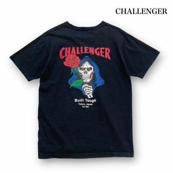 【CHALLENGER】チャレンジャー SPADE SKULL スペードスカル Tシャツ 半袖tシャツ クルーネック 黒 ブラック 薔薇 ワンポイント卍ロゴ 死神