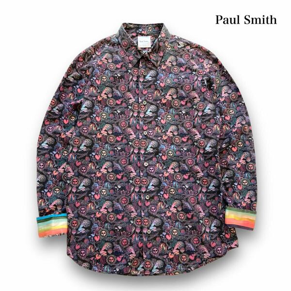 【Paul Smith】Psychedelic Sun ポールスミス サイケデリックサン 総柄 長袖シャツ ボタンダウンシャツ ストライプ袖 太陽花柄 (M)