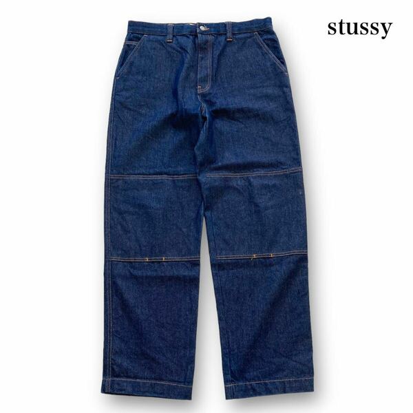 【stussy】『濃紺美品』 STUSSY DENIM DOUBLE KNEE PANT ステューシー ダブルニー バギーデニムパンツ ジーンズ ビッグサイズ (34)