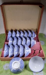 茶碗20個 飯碗 白地陶器 藍色 竹林デザイン