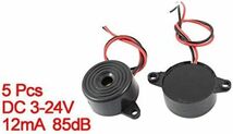 ブラック 85dB 連続音 3-24V 2ケーブル DC 23x アラーム 12mm 電子ブザー 5個 ブラック_画像2