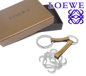 【未使用 超美品】 ロエベ LOEWE キーホルダー キーリング チャーム ストラップ 小物 アナグラム ロゴ メタル レザー 本革 ゴールド 箱付