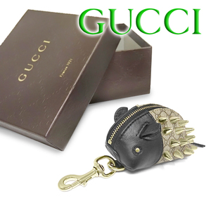 【超美品 ほぼ未使用】 グッチ GUCCI ファスナーコインケース 小銭入れ キーフック付き ハリネズミ GG柄 レザー ブラック 箱付 シリアル有