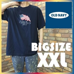 ME10-100【モデル175cm普通体型】BIGサイズ!!★良品【OLD NAVY オールドネイビー】星条旗プリント 半袖 Tシャツ【メンズ 2XL】紺 USA古着