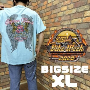 ME10-289【モデル175cm普通体型】激レア★訳アリ格安!!【Daytona Beach Bike Week】ウィングプリント Tシャツ【XL】水色 バイカー アメ車