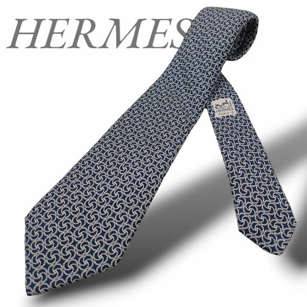 美品 エルメス ネクタイ フランス製 シルク100％ 青 ブルー サークル柄