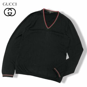 美品 国内正規品 GUCCI グッチ ウール ニット シェリーライン Vネック セーター トップス 長袖 L/S v neck sweater ブラック L イタリア製の画像1