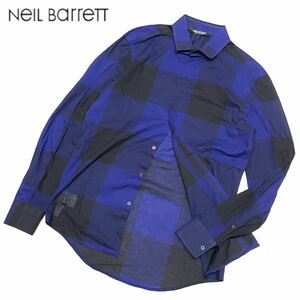 国内正規品 NEIL BARRETT ニールバレッド BCM99-8164 長袖 コットン チェック シャツ スリムフィット ドレス shirt ネイビー 40