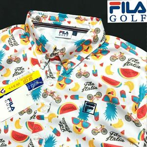 △K094新品【メンズL】 741675 白 FILA GOLF フルーツ柄 フィラゴルフ QUICK-DRY吸汗速乾 ストレッチ ポロシャツ