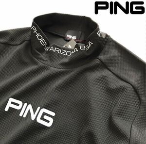 ◎131新品【メンズL】黒 ゴルフ ピン PING　メンズ ストレッチ 軽量 ダイヤメッシュ 半袖 ハイネックシャツ ハイネック