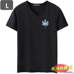 本日のお買得 ☆ Vネック 半袖 Tシャツ【455】 ブラック Lサイズ トップス シャツ シンプル イラスト デザイン 春夏