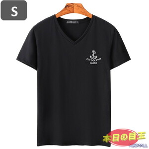 本日のお買得 ☆ Vネック 半袖 Tシャツ【454】 ブラック Sサイズ トップス シャツ シンプル イラスト デザイン 春夏