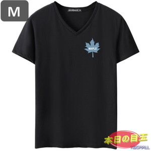 本日のお買得 ☆ Vネック 半袖 Tシャツ【455】 ブラック Mサイズ トップス シャツ シンプル イラスト デザイン 春夏