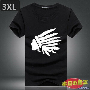 本日のお買得 ☆ 丸首 半袖 Tシャツ【462】 ブラック 3XLサイズ トップス シャツ シンプル イラスト デザイン 春夏