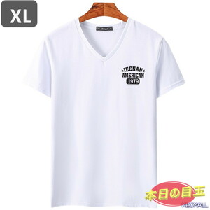 本日のお買得 ☆ Vネック 半袖 Tシャツ【453】 ホワイト XLサイズ トップス シャツ シンプル イラスト デザイン 春夏