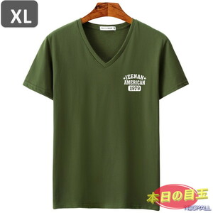 本日のお買得 ☆ Vネック 半袖 Tシャツ【453】 グリーン XLサイズ トップス シャツ シンプル イラスト デザイン 春夏