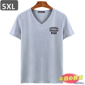 本日のお買得 ☆ Vネック 半袖 Tシャツ【453】 グレー 5XLサイズ トップス シャツ シンプル イラスト デザイン 春夏