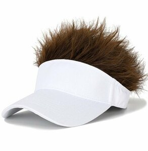 ウィッグ付サンバイザー 白帽子 ヘアカラーライトブラウン カツラ ウィッグヘア 髪の毛付き ウィッグ付き アウトドア スポー ゴルフ n544