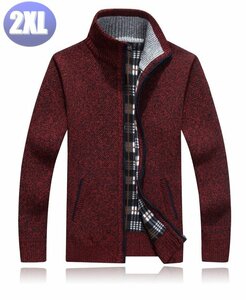 ニットジャケット レッド 2XLサイズ ジッパー セーター　