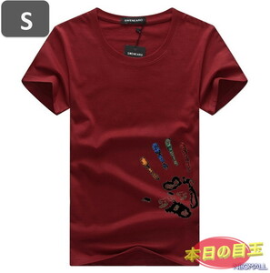 本日のお買得 ☆ 丸首 半袖 Tシャツ【457】 ワインレッド Sサイズ トップス シャツ シンプル イラスト デザイン 春夏