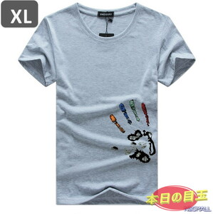 本日のお買得 ☆ 丸首 半袖 Tシャツ【457】 グレー XLサイズ トップス シャツ シンプル イラスト デザイン 春夏