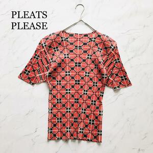 美品 プリーツプリーズ PLEATS PLEASE 総柄半袖Tシャツ オレンジ黒 イッセイミヤケ サイズ5 大きいサイズ 派手 レディースメンズ トップス