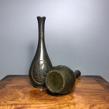▽鴻▽ 銅製 喜鵲登梅紋 花瓶一對 置物 古賞物 中国古玩 中国古美術_画像9