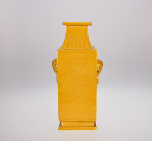▽鴻▽清 雍正年製款 嬌黄釉 龍紋 方瓶 古陶瓷品 置物 古賞物 中国古玩 中国古美術