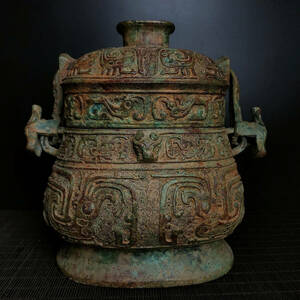▽鴻▽ 商周 青銅製 鳳紋提梁釉 置物 古賞物 中国古玩 中国古美術