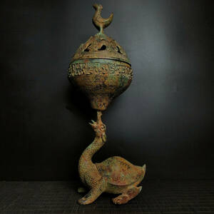 ▽鴻▽ 戦 青銅製 立鳥龜熏 置物 古賞物 中国古玩 中国古美術