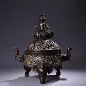 ▽鴻▽ 銅製 銀鍍 雙耳 太平有象熏香炉 置物 古賞物 中国古玩 中国古美術