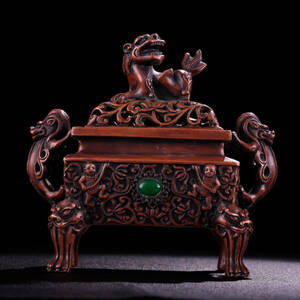 ▽鴻▽ 銅製 寶石嵌 雙龍耳 獅蓋四獣足熏香炉 置物 古賞物 中国古玩 中国古美術