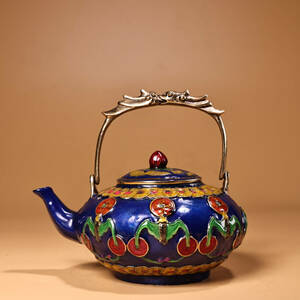 ▽鴻▽ 銅製 景泰藍 琺瑯彩 金錢紋 提梁茶壺 置物 古賞物 中国古玩 中国古美術