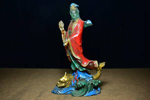 ▽鴻▽ 琉璃製 細密彫 描金 彩繪 龍魚觀音像 置物 古賞物 中国古玩 中国古美術