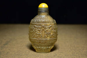 ▽鴻▽ 琉璃製 細密彫 神獣紋 鼻煙壺 置物 古賞物 中国古玩 中国古美術