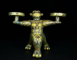 ▽鴻▽ 戦 青銅製 錯金猴燈 置物 古賞物 中国古玩 中国古美術