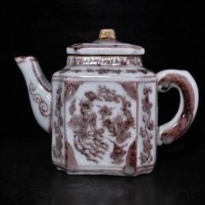 ▽鴻▽ 明 宣德年製款 釉里紅 雙鳳紋 茶壺 古陶瓷品 置物 古賞物 中国古玩 中国古美術