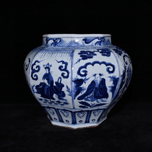 ▽鴻▽ 元 青花 八仙紋 八方罐 古陶瓷品 置物 古賞物 中国古玩 中国古美術