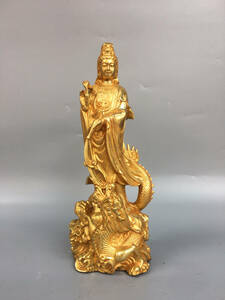 ▽鴻▽ 銅製 塗金 騎龍觀音像 置物 古賞物 中国古玩 中国古美術