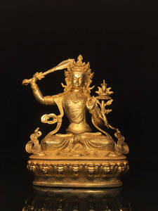 ▽鴻▽ 銅製 塗金 文殊菩薩像 置物 古賞物 中国古玩 中国古美術