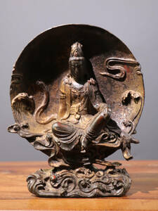 ▽鴻▽ 銅製 泥金 水月觀音像 置物 古賞物 中国古玩 中国古美術