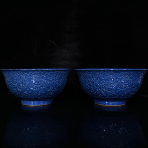 ▽鴻▽ 明 宣德年製款 雪花藍 龍紋碗一對 古陶瓷品 置物 古賞物 中国古玩 中国古美術