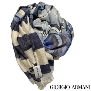 【中古　美品】★GIORGIO ARMANI★ジョルジオ・アルマーニ★　大判ストール　青ベース/マルチカラー　麻/シルク混　イタリア製　100132