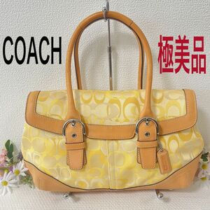 【極美品】COACH コーチ トートバッグ シグネチャー キャンバス×レザー イエロー チャーム付き