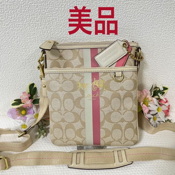 【美品】COACH コーチ ショルダーバッグ 斜めがけ ミニショルダー ポシェット シグネチャー チャーム付き