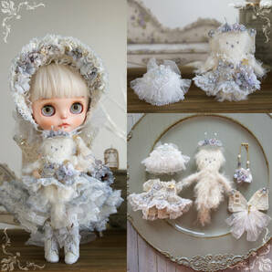 Blythe ブライスアウトフィット ドレスと布花アクセサリー ネコのぬいぐるみセットの画像5