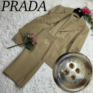 PRADA プラダ 美品 レディース Lサイズ スカート スーツ セットアップ 茶 カーキ ジャケット ポリエステル 高級 人気 サイズ46 サイズL
